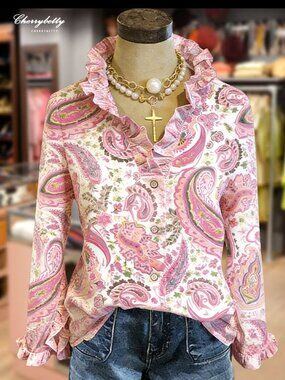 CHERRY BETTY THINK PINK PAISLEY RUFFLE BLOUSE CLASSIC PARISIAN COTTON NWT M
